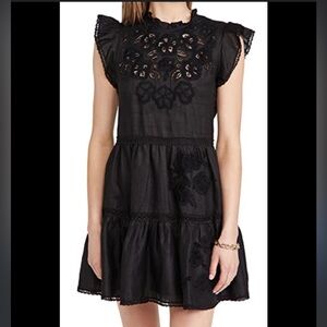 Veronica Beard Black Sahara Ramie Dress Size 0 Appliques and Lace Keyhole Back